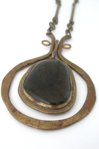 Rafael Alfandary Canada vintage brutalist brass and glass kinetic olive green pendant necklace