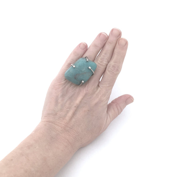 scale massive vintage silver amazonite ring midcentury Modernist jewelry design