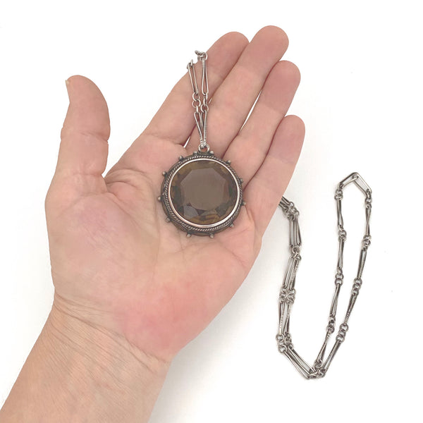 scale ORNO-Poland-vintage-extra-large-textured-silver-smoky-quartz-pendant-necklace-Modernist-jewelry-design