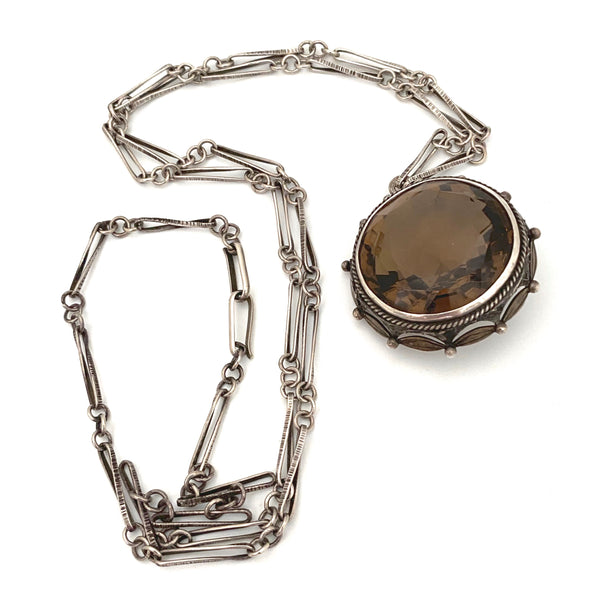 ORNO Poland textured silver & large smoky quartz pendant necklace