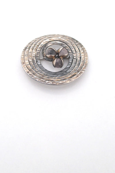 Elis Kauppi textured silver spiral & chalcedony brooch