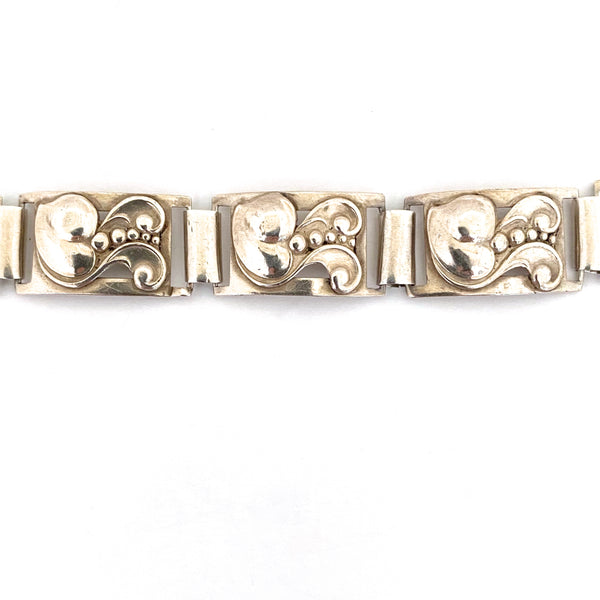 detail vintage Denmark 830 silver panel link bracelet leaf and berry motif Scandinavian design jewelry