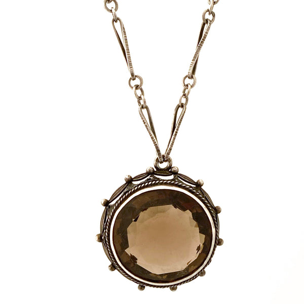 detail ORNO-Poland-vintage-extra-large-textured-silver-smoky-quartz-pendant-necklace-Modernist-jewelry-design