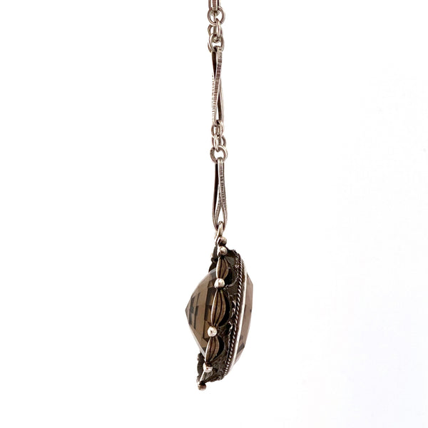 profile ORNO-Poland-vintage-extra-large-textured-silver-smoky-quartz-pendant-necklace-Modernist-jewelry-design