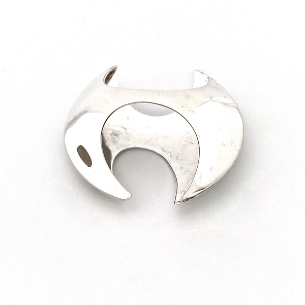 detail vintage large dimensional silver brooch Mexico Modernist jewelry design