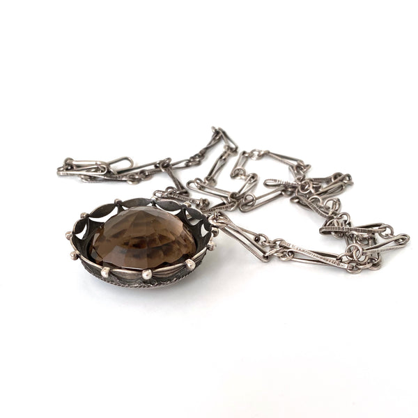 ORNO Poland textured silver & large smoky quartz pendant necklace