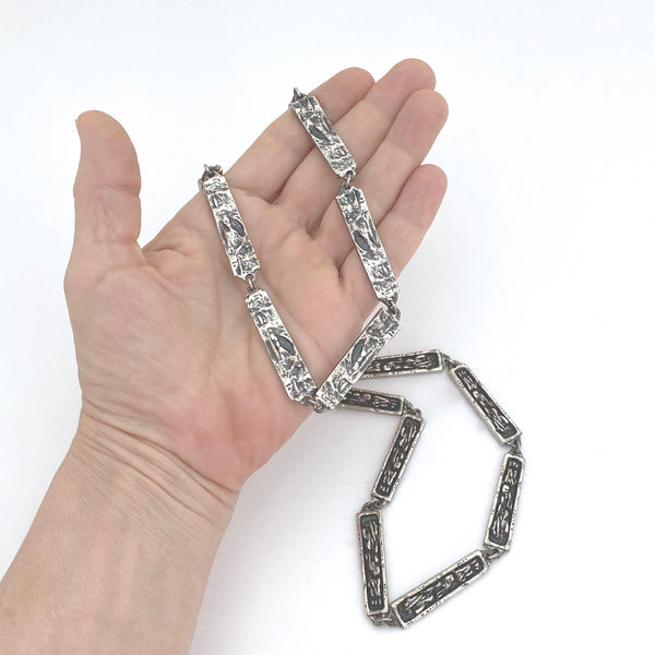 detail Guy Vidal Canada vintage brutalist pewter two in one double sided long link chain necklace