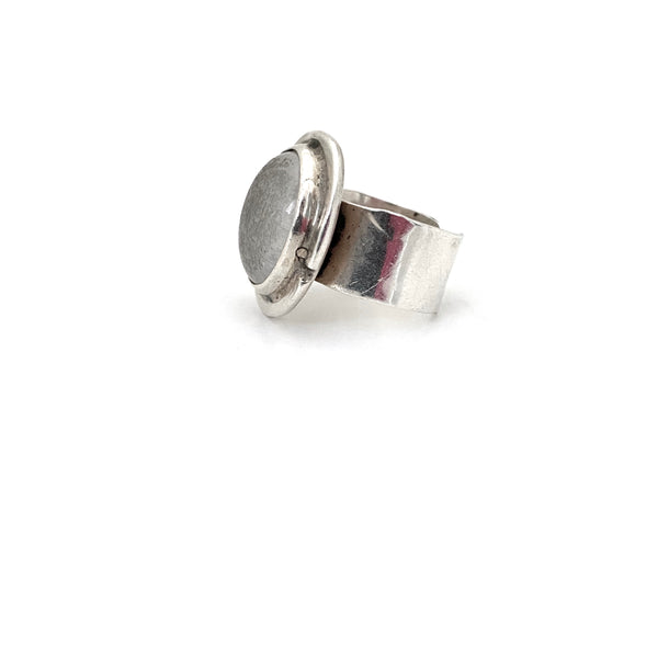 profile Rafael Alfandary Canada vintage brutalist sterling silver clear glass ring Canadian Modernist jewelry design