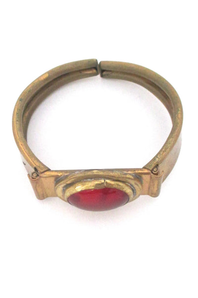 top Rafael Canada vintage brutalist brass red stone hinged bracelet