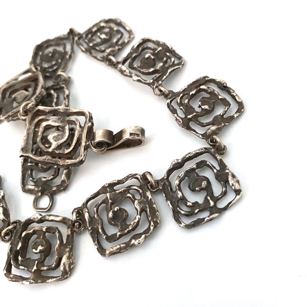 vintage brutalist openwork cast silver necklace