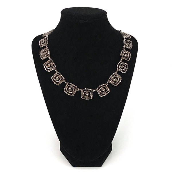 vintage brutalist openwork cast silver necklace