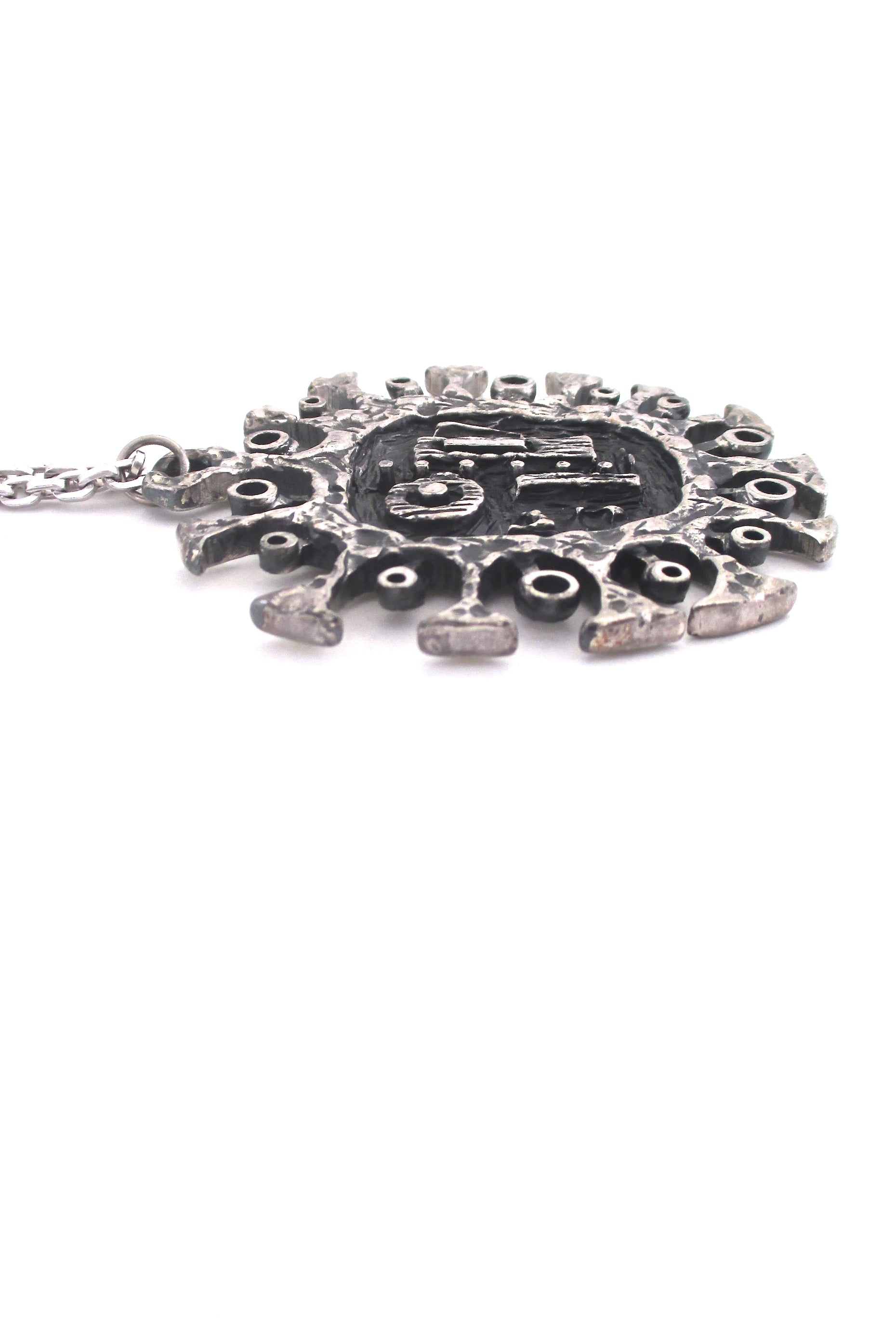 profile Guy Vidal Canada vintage brutalist pewter 'brutalist sun' large pendant necklace