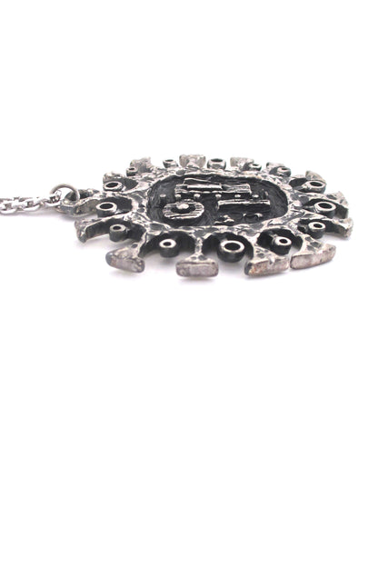 profile Guy Vidal Canada vintage brutalist pewter 'brutalist sun' large pendant necklace