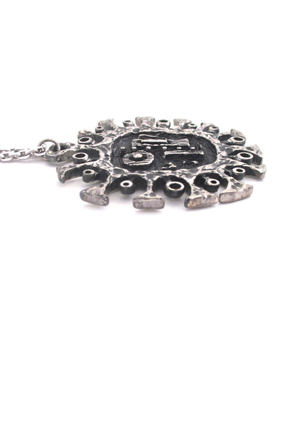 profile Guy Vidal Canada vintage brutalist pewter 'brutalist sun' large pendant necklace