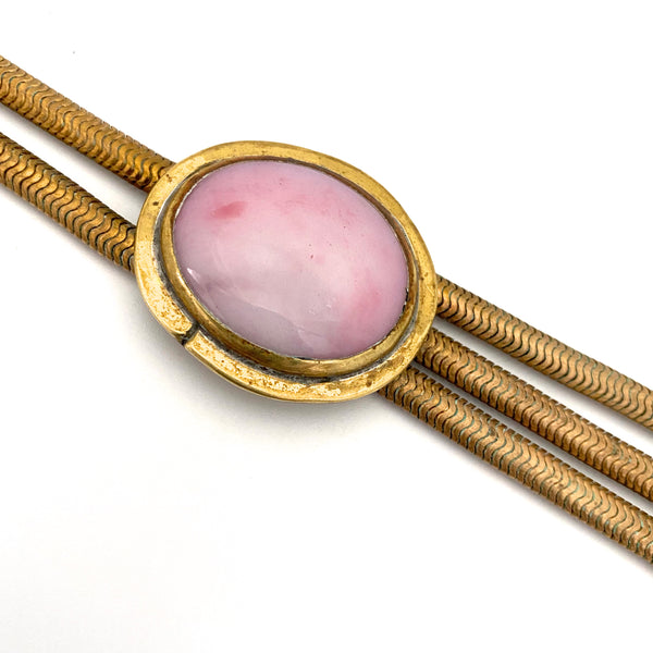 detail Rafael Alfandary Canada vintage long brass pink swirl glass necklace with tassel