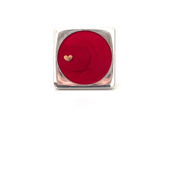 Walter Schluep large silver & red resin ring ~ gold heart