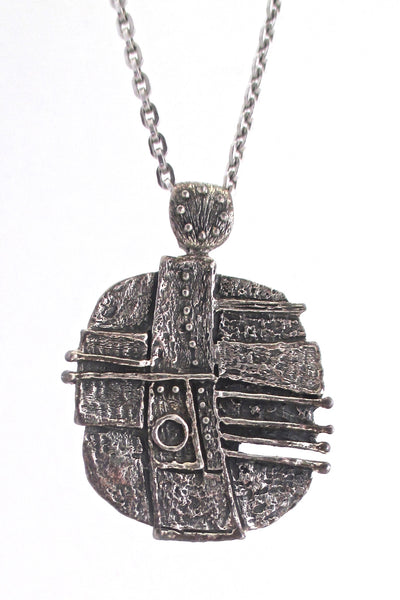 detail Guy Vidal Canada vintage brutalist pewter dots and stripes large pendant necklace