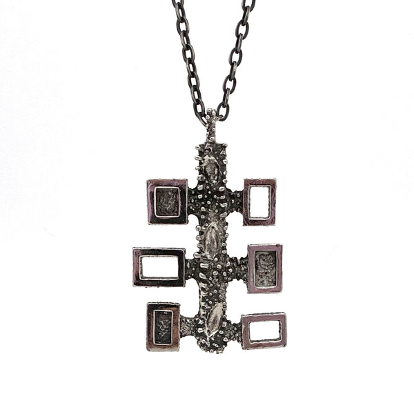 detail Robert Larin Canada vintage brutalist pewter openwork textures squares pendant necklace Canadian Modernist jewelry design