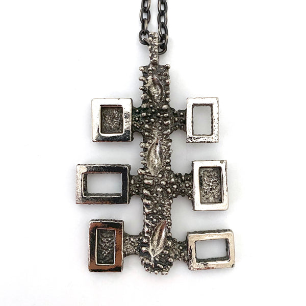 Robert Larin large brutalist pewter 'textures & squares' pendant necklace
