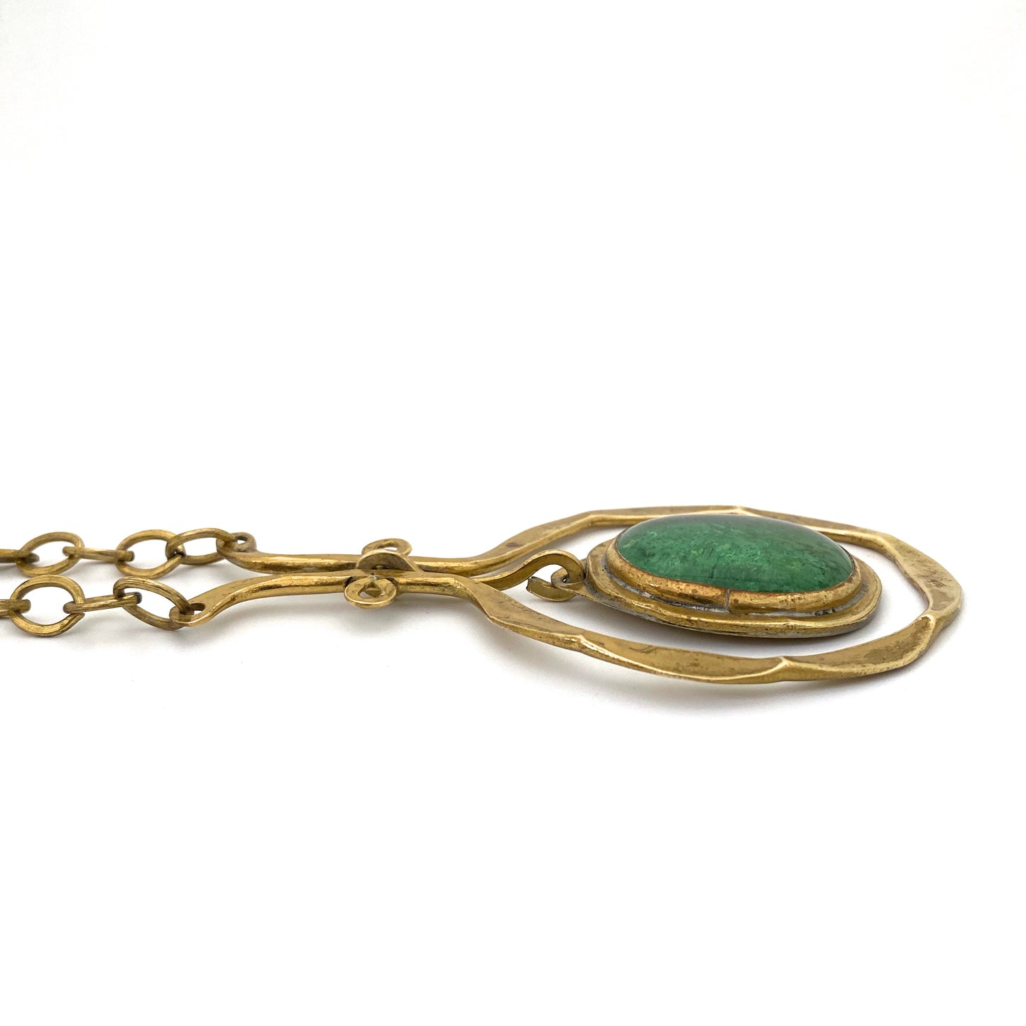 profile Rafael Alfandary Canada vintage brass classic kinetic pendant necklace clear green glass stone