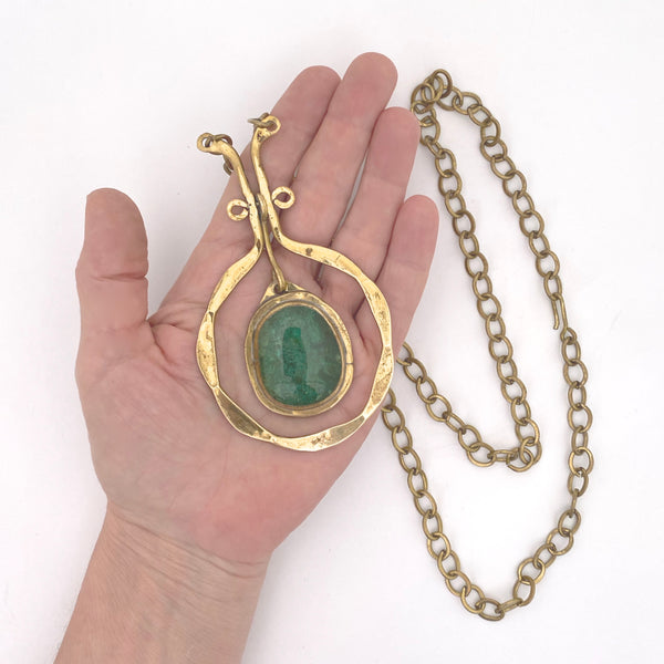 scale Rafael Alfandary Canada vintage brass classic kinetic pendant necklace clear green glass stone