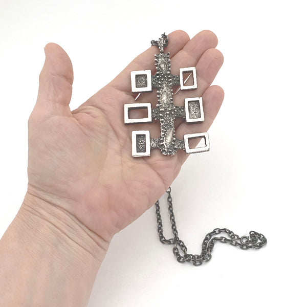 Robert Larin large brutalist pewter 'textures & squares' pendant necklace