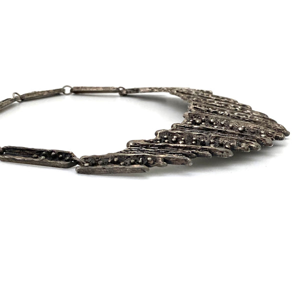 profile Guy Vidal Canada vintage brutalist pewter bib necklace Canadian design jewelry