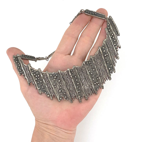 scale Guy Vidal Canada vintage brutalist pewter bib necklace Canadian design jewelry
