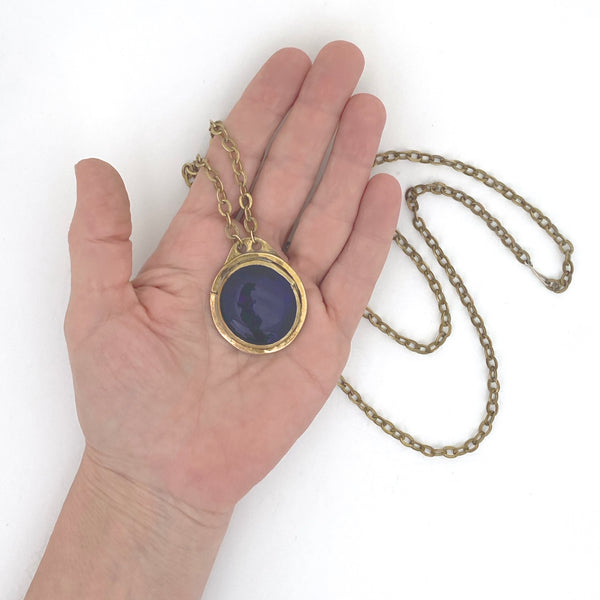 scale Rafael Alfandary Canada vintage brass clear dark blue glass pendant necklace
