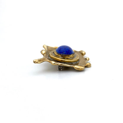 profile Rafael Alfandary Canada vintage brass mottled blue glass stone brooch