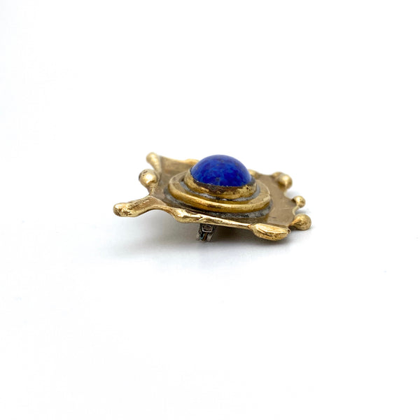 profile Rafael Alfandary Canada vintage brass mottled blue glass stone brooch