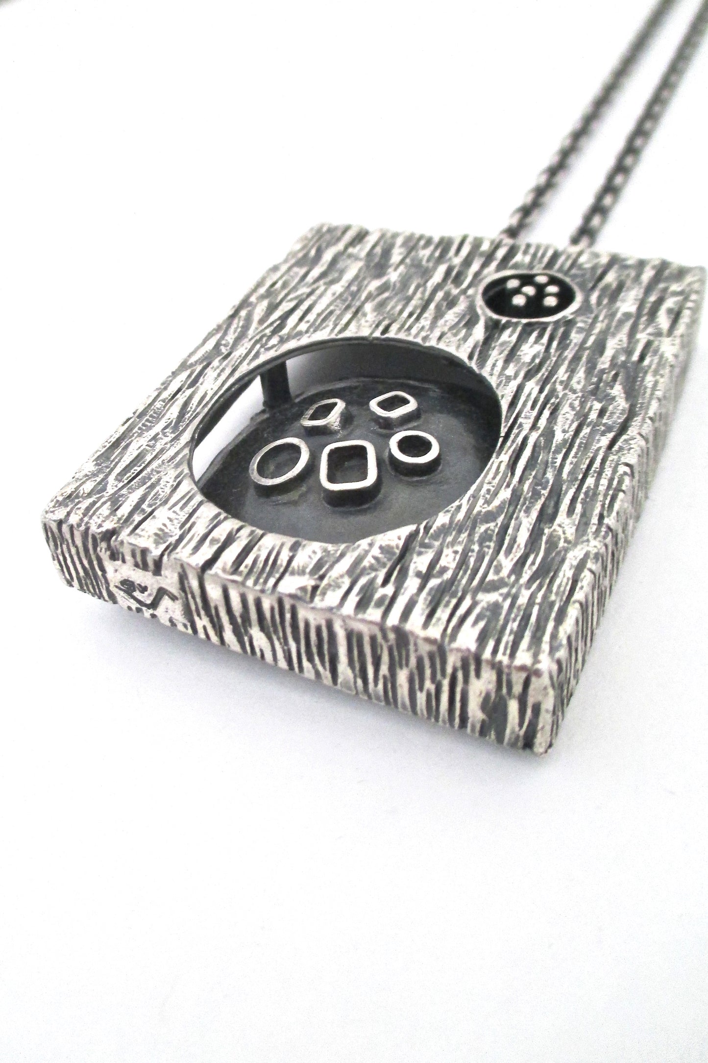 detail Guy Vidal Canada vintage brutalist pewter large double sided shadowbox pendant necklace