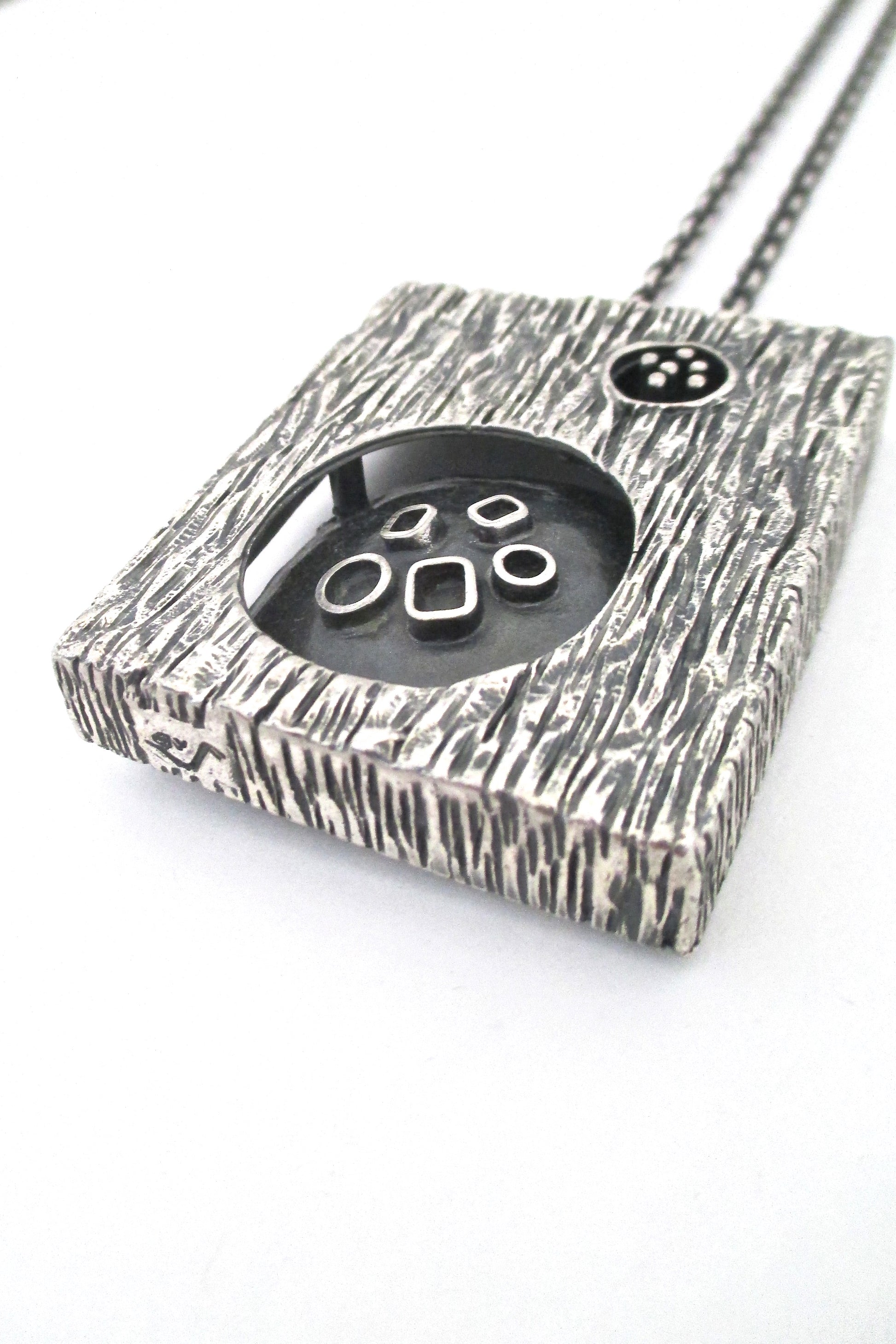detail Guy Vidal Canada vintage brutalist pewter large double sided shadowbox pendant necklace