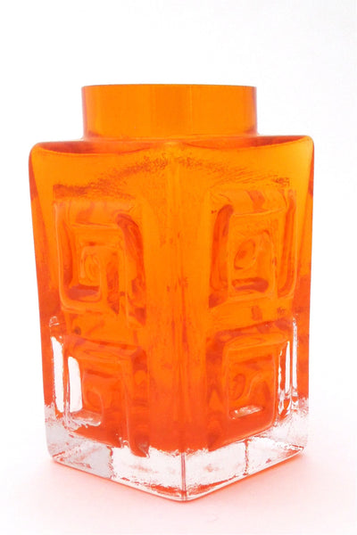 Whitefriars vintage glass Greek Key vase in tangerine at Samantha Howard Vintage