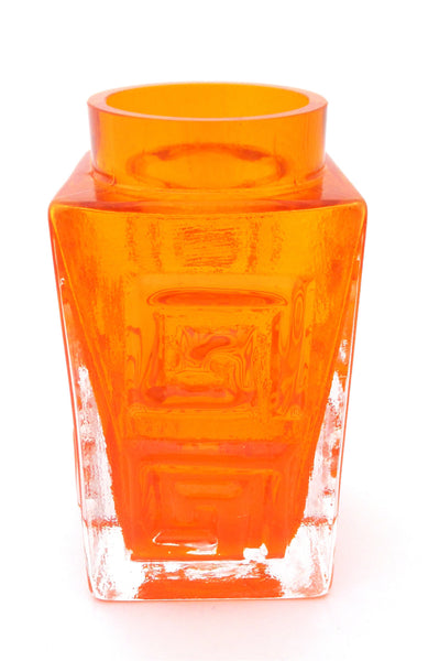 detail Whitefriars England vintage cased glass Greek Key vase in tangerine by Geoffrey Baxter