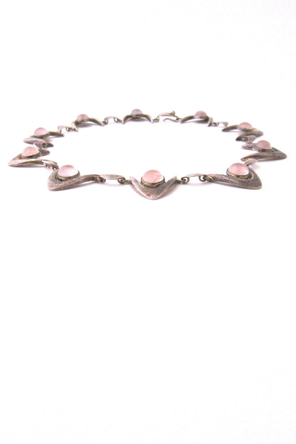 Arne Johansen, Denmark sterling silver & rose quartz modernist boomerang necklace