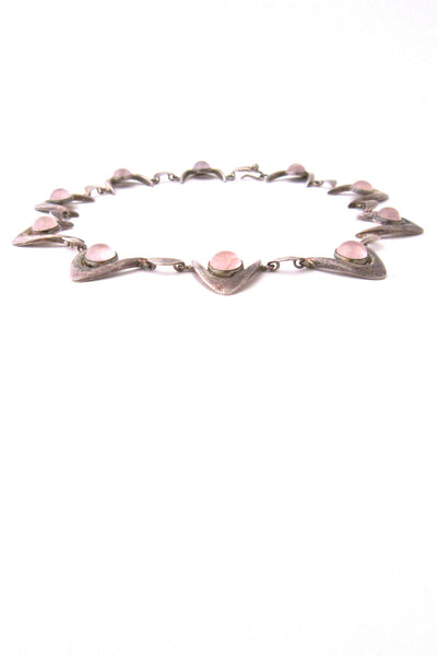 Arne Johansen, Denmark sterling silver & rose quartz modernist boomerang necklace