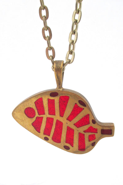 detail Bernard Chaudron Canada vintage bronze enamel abstract fish pendant necklace