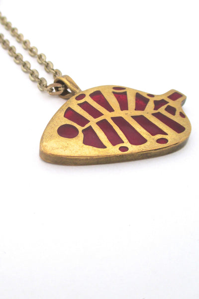 profile Bernard Chaudron Canada vintage bronze enamel abstract fish pendant necklace