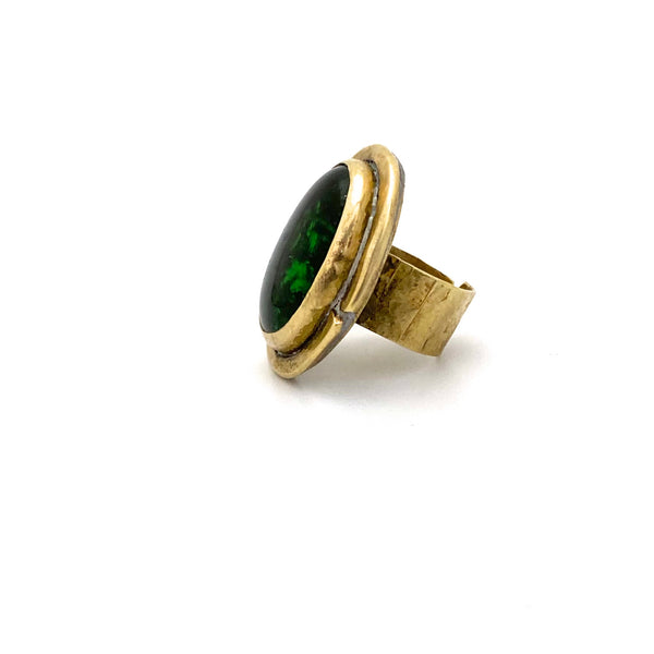 profile Rafael Alfandary Canada vintage brutalist brass clear dark green glass oval ring
