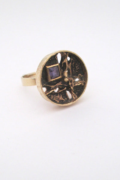 Hermann Siersbol Denmark vintage 14k gold & amethyst brutalist ring 1970s