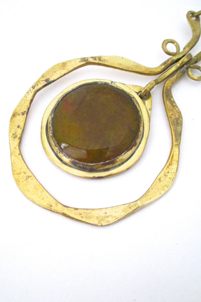 glass stone Rafael Alfandary Canada vintage large mid century brass glass kinetic pendant necklace