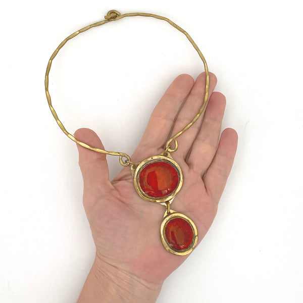 scale Rafael Alfandary Canada vintage double stone brass necklace clear bright orange glass stones