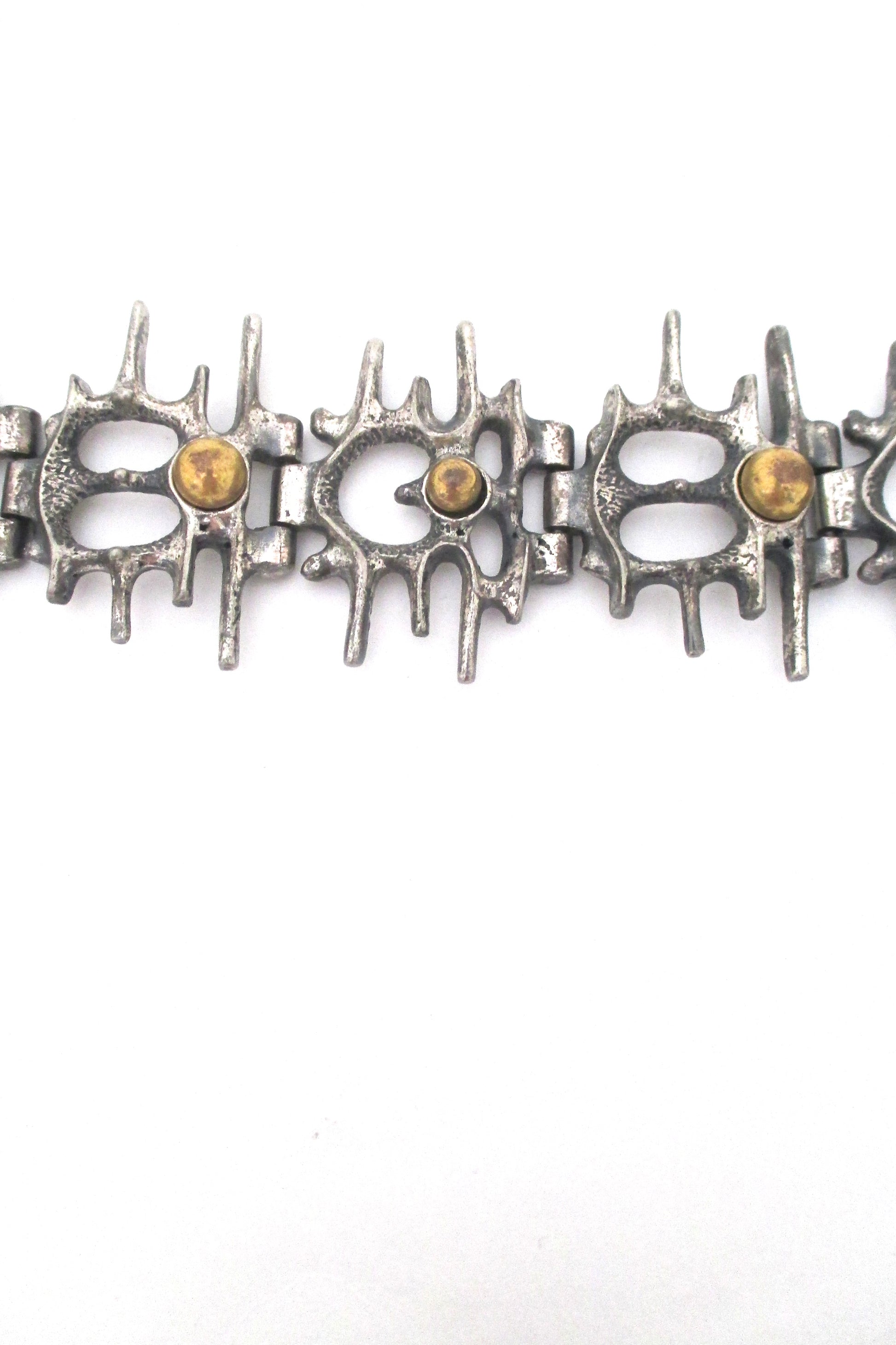 detail Robert Larin Canada vintage brutalist pewter openwork link bracelet with bronze spheres