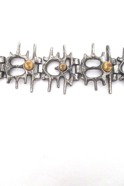 detail Robert Larin Canada vintage brutalist pewter openwork link bracelet with bronze spheres