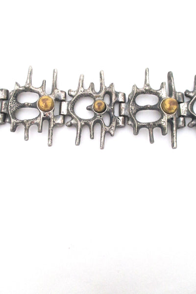 detail Robert Larin Canada vintage brutalist pewter openwork link bracelet with bronze spheres