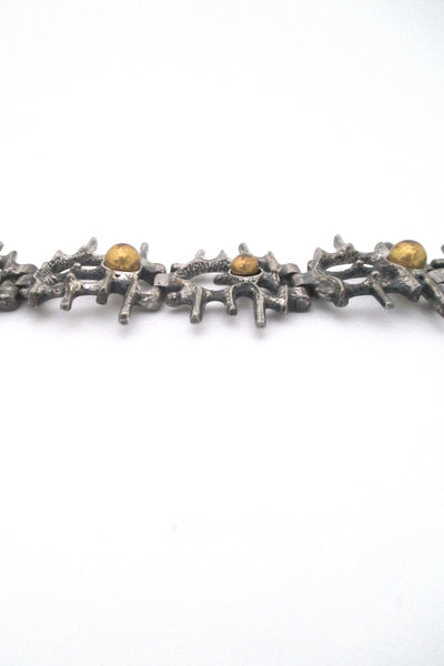 profile Robert Larin Canada vintage brutalist pewter openwork link bracelet with bronze spheres