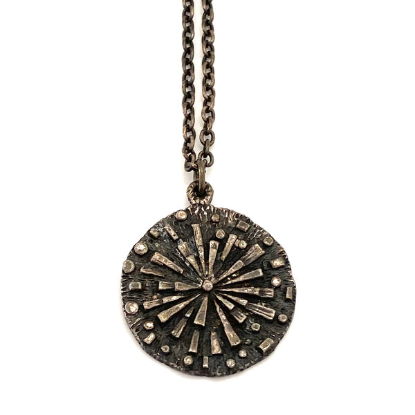 Robert Larin Canada brutalist pewter round starburst pendant necklace