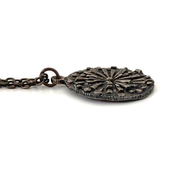 profile Robert Larin Canada vintage brutalist pewter round starburst pendant necklace