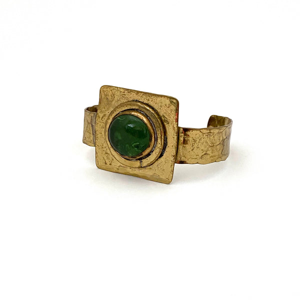 Rafael Canada brass cuff bracelet ~ clear grass green round cabochon